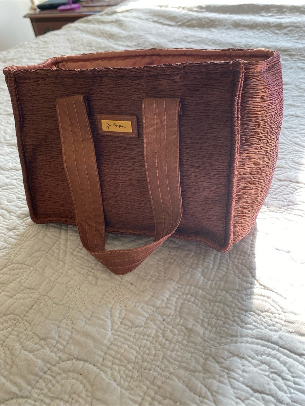 Jim Thompson Silk Mini Tote in Iridescent Rust Brown/ Deep Blush Pink Drawstring - Picture 2 of 16